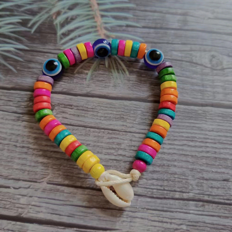 Wholesale Devil's Eye Colored Wood Beads Natural Shell Bracelet Rope